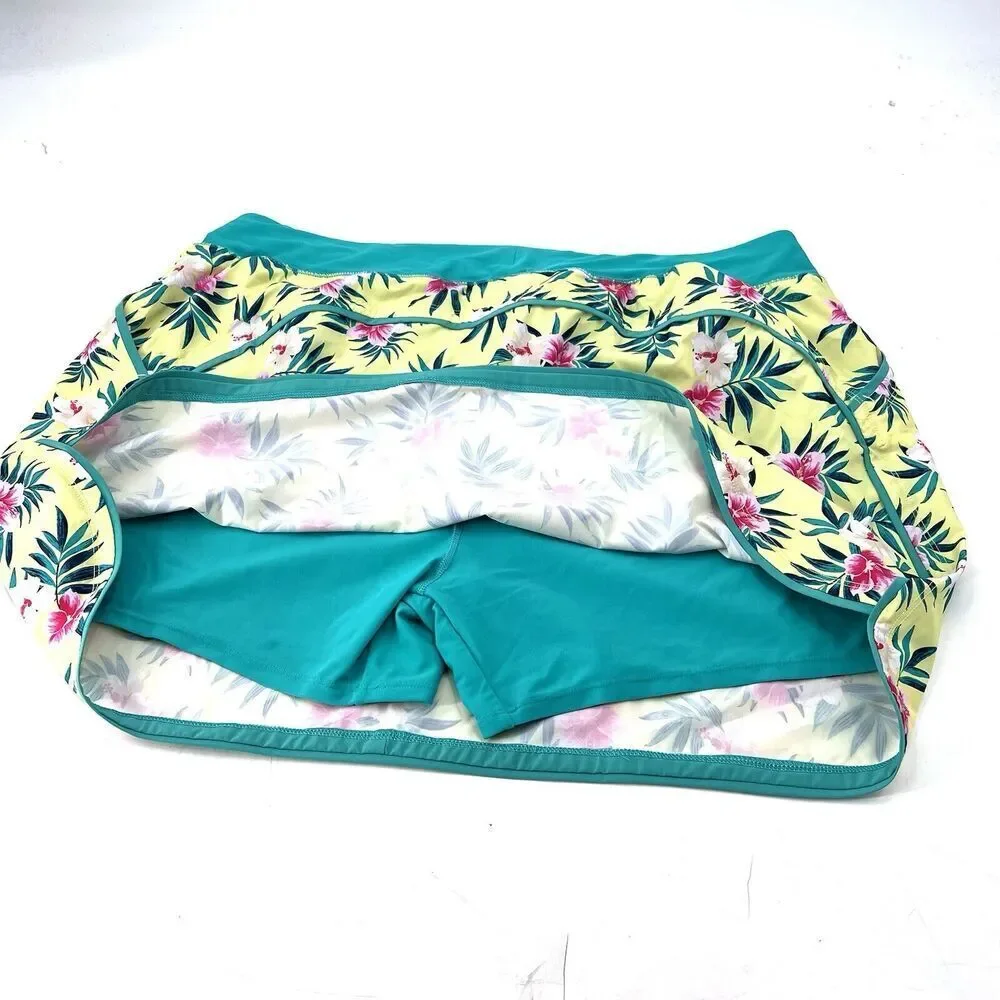 Lands' End Green Yellow Tropical Floral Lined Swim Skirt